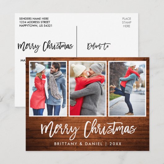 Brush Script Rustic Wohnen Weihnachten 3 Foto Postkarte (Vorne/Hinten)