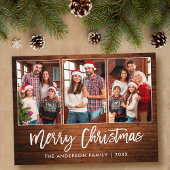 Brush Script Rustic Wood 3 Foto Weihnachten Postkarte