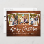 Brush Script Rustic Wood 3 Foto Weihnachten Postkarte (Vorne/Hinten)