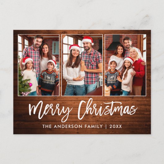 Brush Script Rustic Wood 3 Foto Weihnachten Postkarte (Vorderseite)