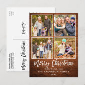 Brush Script Rustic Wood Family 4 Foto Weihnachten Postkarte (Vorne/Hinten)