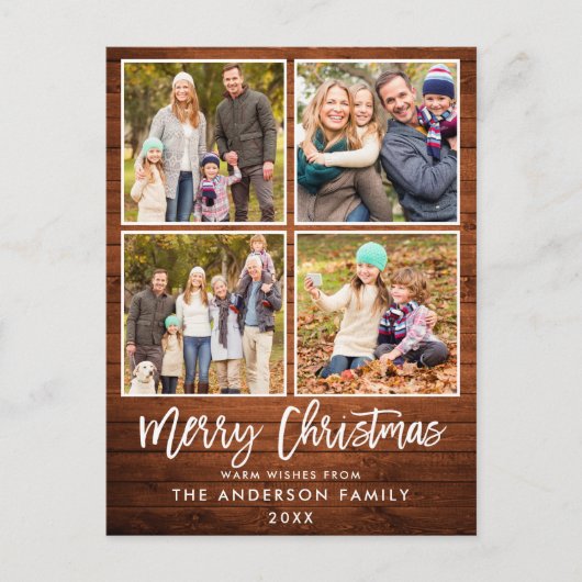 Brush Script Rustic Wood Family 4 Foto Weihnachten Postkarte (Vorderseite)