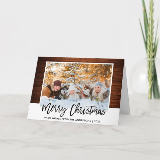 Brush Script Rustic Wood Family Foto Weihnachten (Vorderseite)