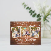 Brush Script Rustic Wood Lights 3 Foto Weihnachten Postkarte (Stehend Vorderseite)