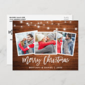 Brush Script Rustic Wood Lights Weihnachten 3 Foto Postkarte (Vorne/Hinten)