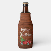 Brush Script Rustic Wood Truck Weihnachten Flaschenkühler (Flaschenvorderseite)