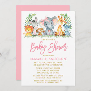 Brush Script Safari Tiere Pink Bow Baby Dusche Einladung