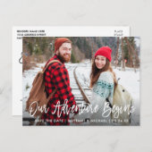 Brush Script Save the Date Adventure Couple Foto Postkarte (Vorne/Hinten)