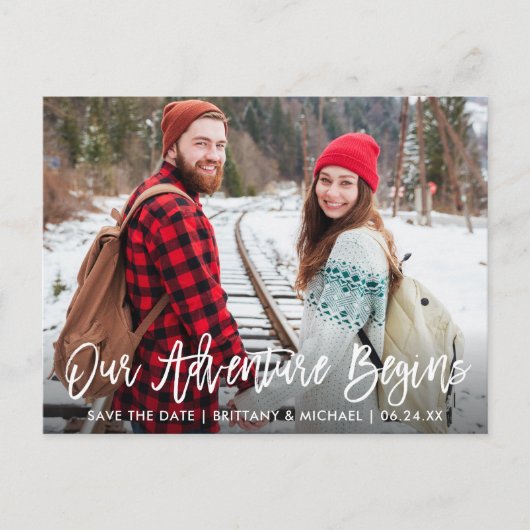 Brush Script Save the Date Adventure Couple Foto Postkarte (Vorderseite)