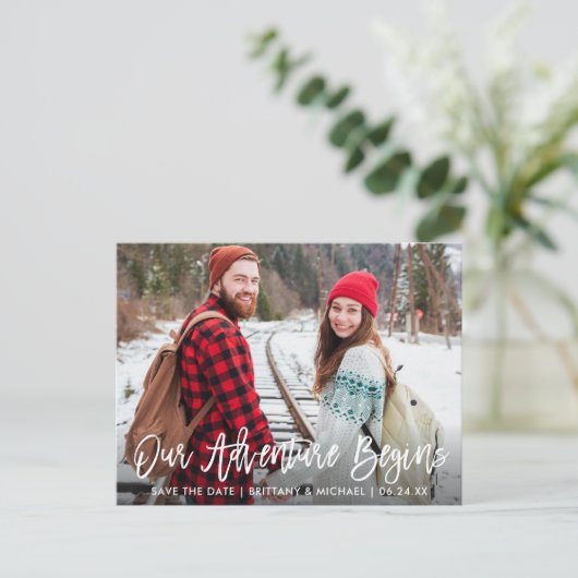 Brush Script Save the Date Adventure Couple Foto Postkarte (Stehend Vorderseite)