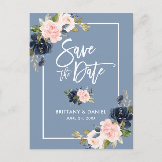 Brush Script Save the Date Dusty Blue Pink Floral Ankündigungspostkarte (Vorderseite)