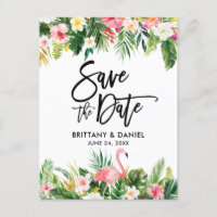 Brush-Script Save the Date Tropical Flamingo