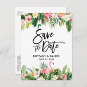 Brush-Script Save the Date Tropical Flamingo Postkarte (Vorne/Hinten)