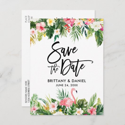 Brush-Script Save the Date Tropical Flamingo Postkarte (Vorne/Hinten)