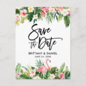 Brush-Script Save the Date Tropical Flamingo Postkarte (Vorderseite)