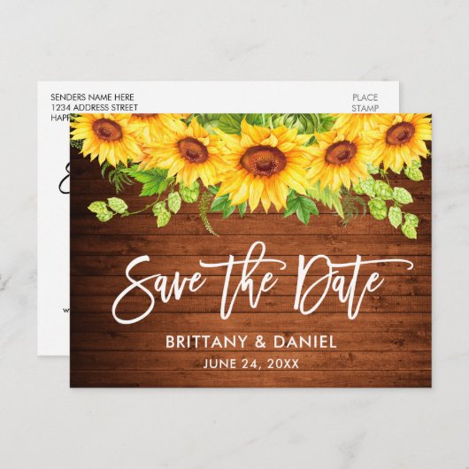 Brush Script Sonnenblumen Blumenholz Save the Date Postkarte (Vorne/Hinten)
