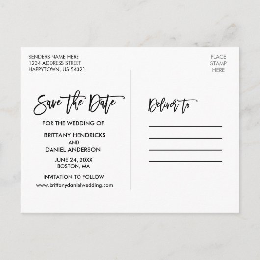 Brush Script Sonnenblumen Blumenholz Save the Date Postkarte (Rückseite)