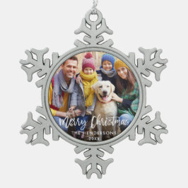 Brush Script Star Family Foto Frohe Weihnachten Schneeflocken Zinn-Ornament