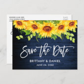 Brush Script Sunflowers Blue Wood Save the Date Postkarte (Vorne/Hinten)