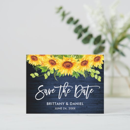 Brush Script Sunflowers Blue Wood Save the Date Postkarte (Stehend Vorderseite)