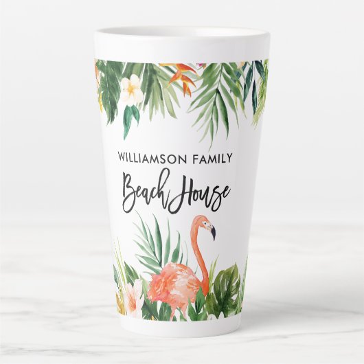 Brush Script Tropical Coral Floral Beach House Lg Milchtasse (Vorderseite)