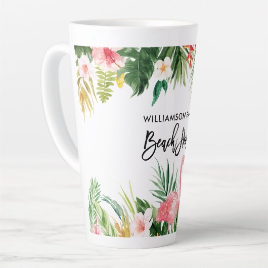 Brush Script Tropical Floral Beach House Grosses Milchtasse (Linke Ecke)