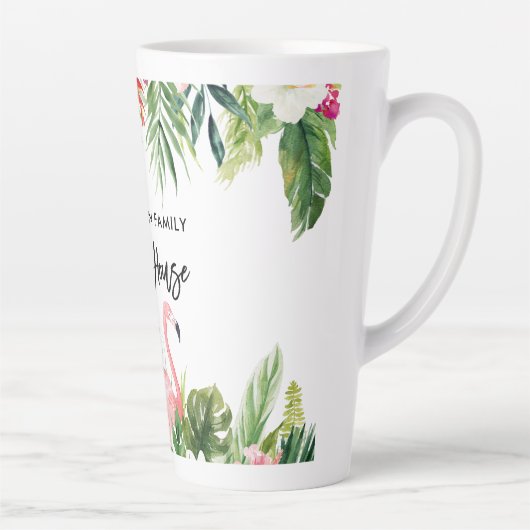 Brush Script Tropical Floral Beach House Grosses Milchtasse (Rechts)