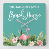 Brush Script Tropical Floral Family Beach House Quadratische Wanduhr (Vorderseite)