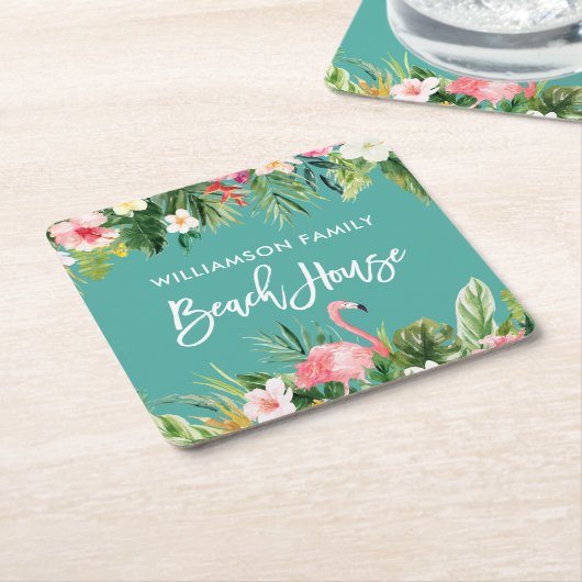 Brush Script Tropical Floral Family Beach House Rechteckiger Pappuntersetzer (angewinkelt)