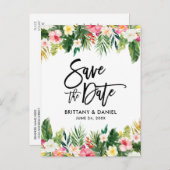Brush Script tropical floral Save the Date Postkarte (Vorne/Hinten)