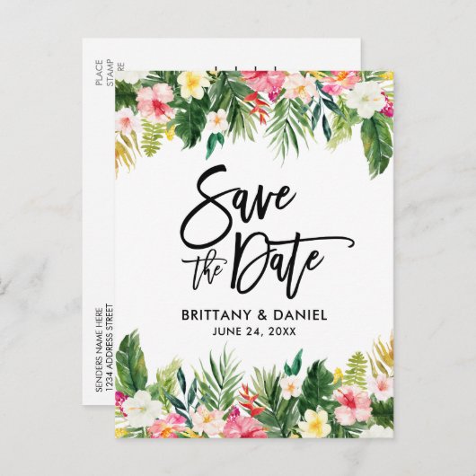 Brush Script tropical floral Save the Date Postkarte (Vorne/Hinten)