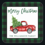 Brush Script Truck Christmas Green Kariert L Quadratischer Aufkleber<br><div class="desc">Brush Script Wasserfarbe Vintager LKW mit Weihnachtsbaum - Frohe Weihnachtsfamilie Name Sticker - Grün Kariert</div>