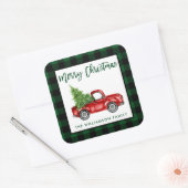 Brush Script Truck Christmas Green Kariert L Quadratischer Aufkleber (Umschlag)