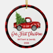 Brush Script Truck Erster Weihnachtsrot Kariert Keramik Ornament (Vorne)