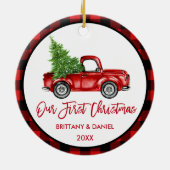 Brush Script Truck Erster Weihnachtsrot Kariert Keramik Ornament (Hinten)