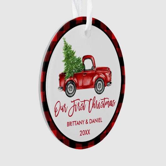 Brush Script Truck Erster Weihnachtsrot Kariert Ornament (Vorderseite)