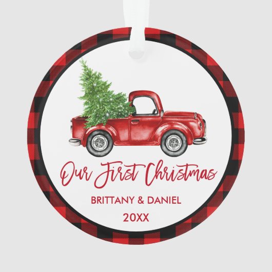 Brush Script Truck Erster Weihnachtsrot Kariert Ornament (Rückseite)