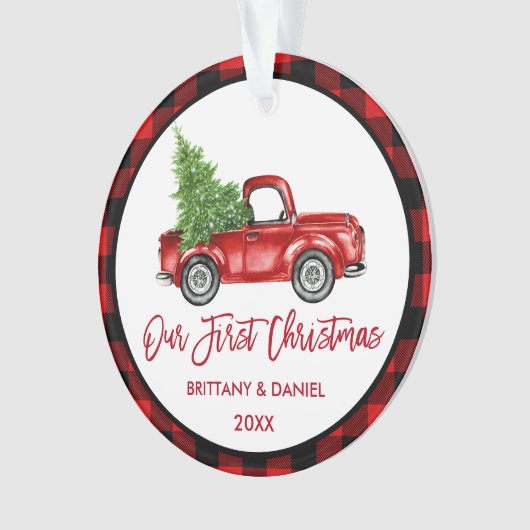 Brush Script Truck Erster Weihnachtsrot Kariert Ornament (Vorderseite)