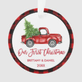 Brush Script Truck Erster Weihnachtsrot Kariert Ornament (Vorderseite)