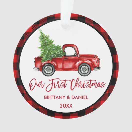 Brush Script Truck Erster Weihnachtsrot Kariert Ornament (Vorderseite)