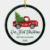 Brush Script Truck Erstes Weihnachtsgrün Kariert Keramik Ornament (Vorne)