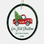 Brush Script Truck Erstes Weihnachtsgrün Kariert Keramik Ornament (Links)