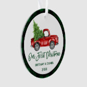 Brush Script Truck Erstes Weihnachtsgrün Kariert Ornament (Vorderseite)