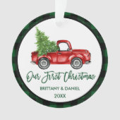 Brush Script Truck Erstes Weihnachtsgrün Kariert Ornament (Vorderseite)
