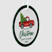 Brush Script Truck Erstes Weihnachtsgrün Kariert Ornament (Vorderseite)