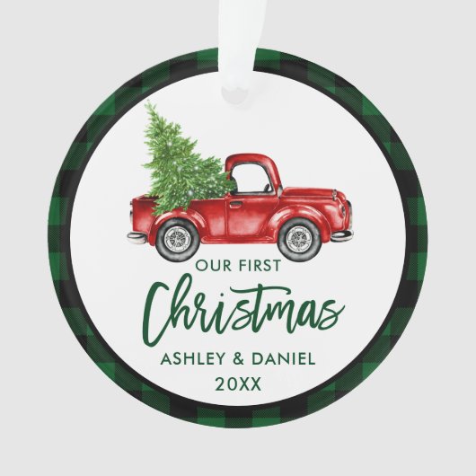 Brush Script Truck Erstes Weihnachtsgrün Kariert Ornament (Vorderseite)