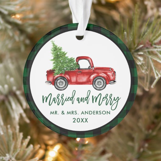 Brush Script Truck Green Kariert Verheiratet Meran Ornament (Baum)