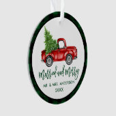 Brush Script Truck Green Kariert Verheiratet Meran Ornament (Vorderseite)