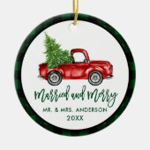 Brush Script Truck Green Kariert Verheiratet Merry Keramik Ornament (Vorne)