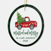 Brush Script Truck Green Kariert Verheiratet Merry Keramik Ornament (Links)